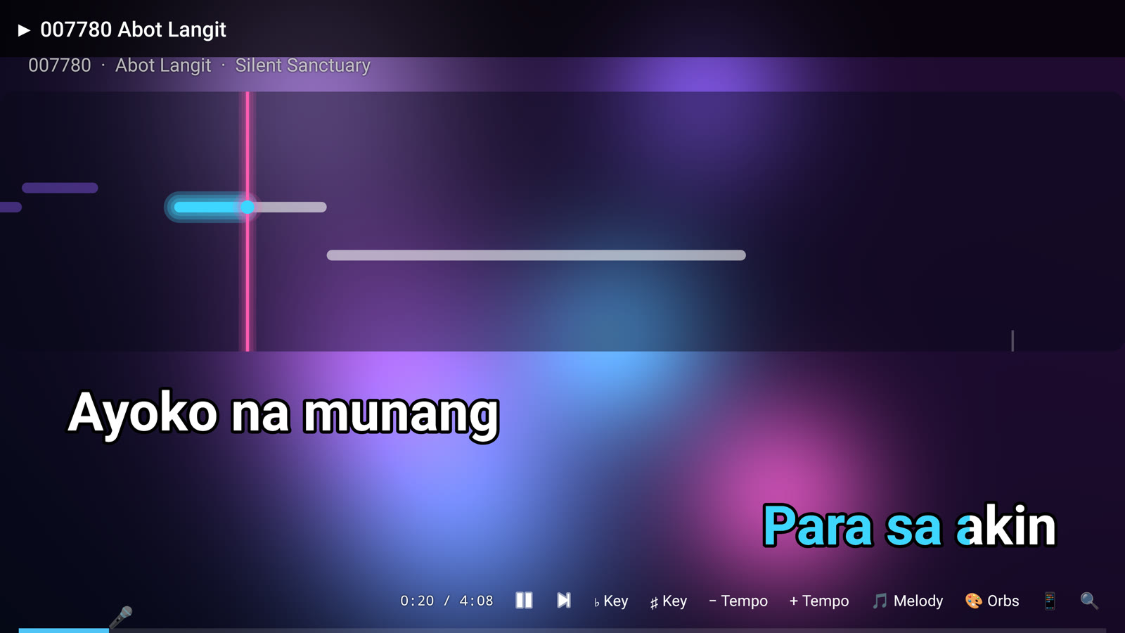 Lyrics with a scrolling pitch guide over glowing orbs